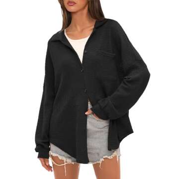 Beaully Womens Waffle Knit Shacket Jacket Casual Long Sleeve Button Down Shirts Dressy Blouses Tops 6113 Black S