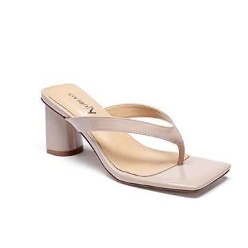 vivianly Women's Square Toe Thong Heels Slip On Mules Backless Chunky Heel Slippers