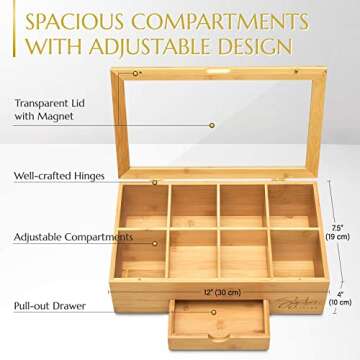 Signature Living Bamboo Wooden Tea Box Organizer Storage with Drawer (8 Compartments) Large Tea Organizer Box for Tea Bags and Loose Tea - Sturdy, Natural Bamboo