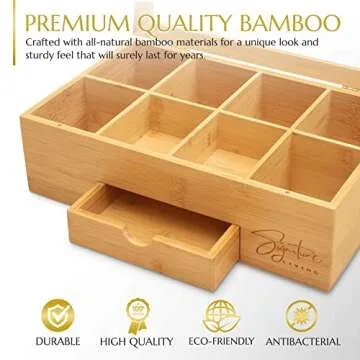 Signature Living Bamboo Wooden Tea Box Organizer Storage with Drawer (8 Compartments) Large Tea Organizer Box for Tea Bags and Loose Tea - Sturdy, Natural Bamboo