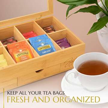 Signature Living Bamboo Wooden Tea Box Organizer Storage with Drawer (8 Compartments) Large Tea Organizer Box for Tea Bags and Loose Tea - Sturdy, Natural Bamboo