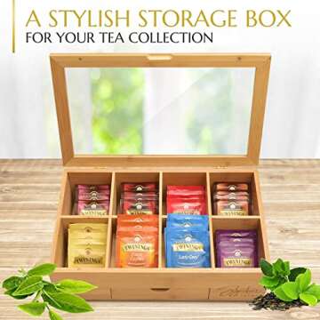 Signature Living Bamboo Wooden Tea Box Organizer Storage with Drawer (8 Compartments) Large Tea Organizer Box for Tea Bags and Loose Tea - Sturdy, Natural Bamboo