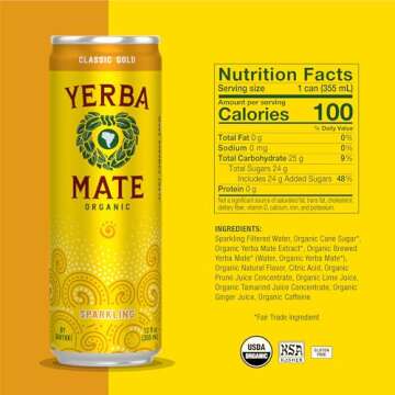 Guayakí Yerba Mate, Organic Sparkling Energy Drink Alternative, Classic Gold, 80mg Natural Plant Based Caffeine, Smooth Energy & Focus, Carbonated, 15.5 Oz (Pack of 12) (Packaging May Vary)