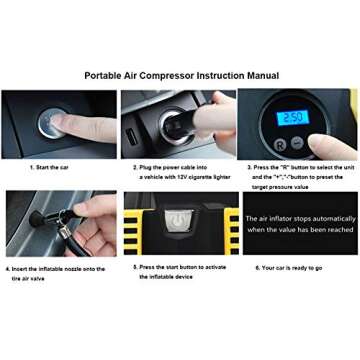 Glamore Portable Air Compressor for Car Tires, Digital Tire Inflator, 12V DC Air Compressor Tire Inflators, Air Tire Pump, 150 PSI with Emergency LED Flashlight for Cars, Motorcycles, Bikes, Ballons