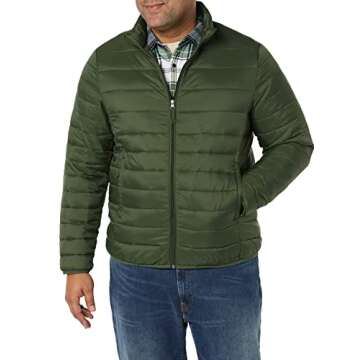 Amazon Essentials Men's Packable Lightweight Water-Resistant Puffer Jacket (Available in Big & Tall), Dark Green, Large
