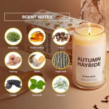 Homesick Scented Candles for Home (Autumn Hayride) - 13.75 oz Long-Lasting Natual Soy Wax Blend Jar Candle Gifts for Women & Men, 60-80 Hours Burn Time - Notes of Fresh Hay, Nutmeg & Tonka