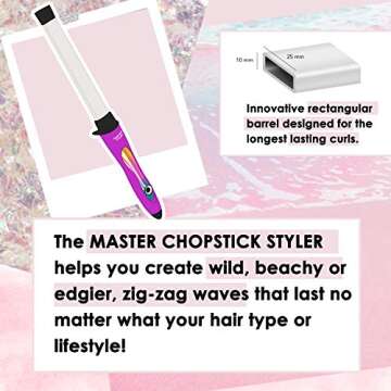 CHOPSTICK STYLER Master Curling Wand Iron, Rectangular 1 inch Ceramic Barrel for Voluminous Wild Beachy or Zig Zag Waves, Professional Curler with Temperature Control for Long & Shorter Hair