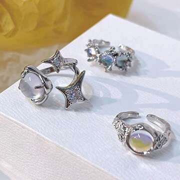 KURTCB Y2K Rings Irregular Moonstone Carnelian Opal Rings Set Agate Opening Adjustable Stackable Rin...