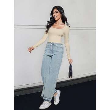 MEROKEETY Women's Long Sleeve Square Neck Crop Top Ribbed Slim Fitted Y2K Casual T-Shirt Tops,Beige,XL