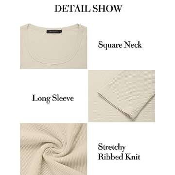 MEROKEETY Women's Long Sleeve Square Neck Crop Top Ribbed Slim Fitted Y2K Casual T-Shirt Tops,Beige,XL