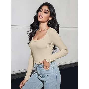 MEROKEETY Women's Long Sleeve Square Neck Crop Top Ribbed Slim Fitted Y2K Casual T-Shirt Tops,Beige,XL
