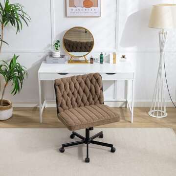 HForesty Criss Cross Legged Office Desk Chair with Wheels, Modern Armless Desk Chair with Wide Seat, Home Office Chair for Work, Meditation, Vanity, Brown