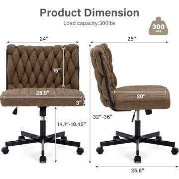 HForesty Criss Cross Legged Office Desk Chair with Wheels, Modern Armless Desk Chair with Wide Seat, Home Office Chair for Work, Meditation, Vanity, Brown