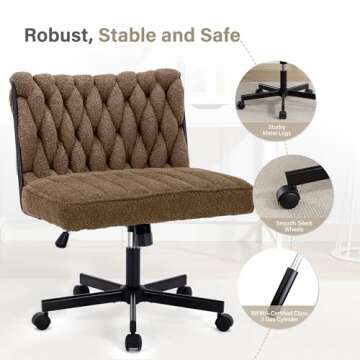 HForesty Criss Cross Legged Office Desk Chair with Wheels, Modern Armless Desk Chair with Wide Seat, Home Office Chair for Work, Meditation, Vanity, Brown