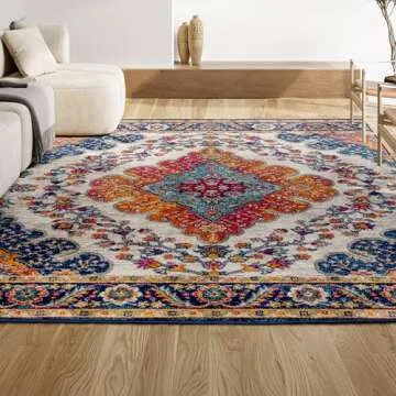 JONATHAN Y BMF106A-4 Bohemian Flair Boho Vintage Medallion Blue/Multi 4 ft. x 6 ft. Area-Rug, Vintage, Easy-Cleaning, for Bedroom, Kitchen, Living Room, Non Shedding