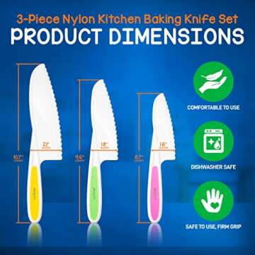 NutriChef 3-Piece Nylon Kitchen Baking Knife Set - Children's Cooking Knives, Safe to Use, Firm Grip...