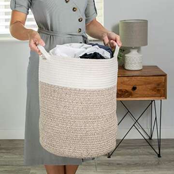 IndigoBea Cotton Rope Storage Basket -17"H x 15"D Extra Large Tall Laundry Clothes Hamper with Handles - Decorative Woven Basket -Designed for Kids Toys, Blanket, Nursery, Dorm, Bedroom, Living Room