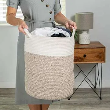 IndigoBea Cotton Rope Storage Basket -17"H x 15"D Extra Large Tall Laundry Clothes Hamper with Handles - Decorative Woven Basket -Designed for Kids Toys, Blanket, Nursery, Dorm, Bedroom, Living Room