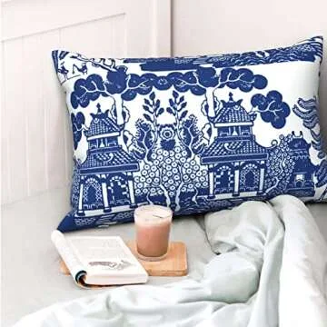 Blue Willow Chinoiserie Porcelain Inspiration Throw Pillow Cover,Modern Lumbar Cushion Case Decorative Pillows for Couch Living Ro White One Size