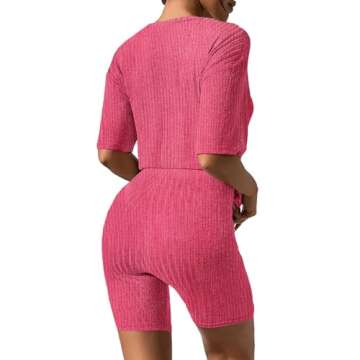 Ekouaer Pajamas 2 Piece Lounge Sets Ribbed Knit Matching Outfits T-shirt Biker Shorts Sleepwear Loun...