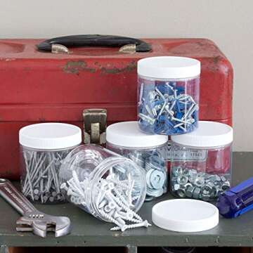 8oz Plastic Wide-Mouth Storage Jars (12 pack) - Large straight-sided clear empty refillable food-grade BPA-free PET containers with white screw-on lids - 70mm 70-400 70/400 Made in the USA