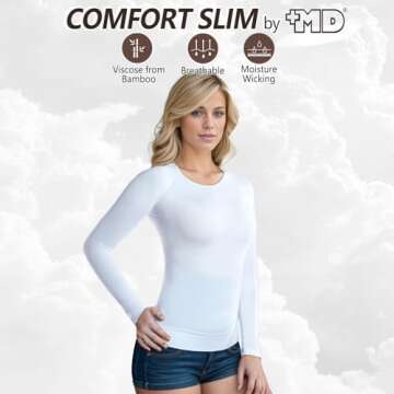 +MD Womens Long Sleeve Undershirts Tops, Round Neck Slim Fit Baselayer, Soft Thermal Underwear, Ligh...