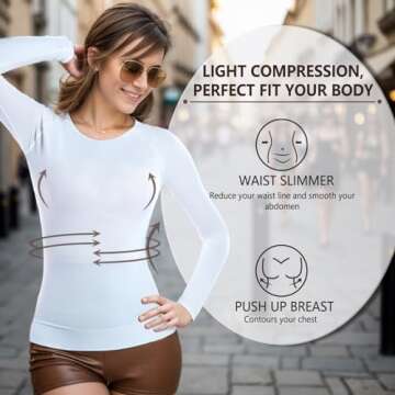 +MD Womens Long Sleeve Undershirts Tops, Round Neck Slim Fit Baselayer, Soft Thermal Underwear, Light Compression Shirt Underscrubs White Large