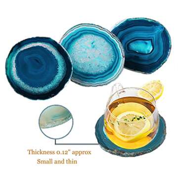 AMOYSTONE Teal Agate Coasters for Drinks Geode Coasters Set of 4 Crystal Quartz Rock Coasters Agate Slices with Rubber Bumpers 3-3.5"