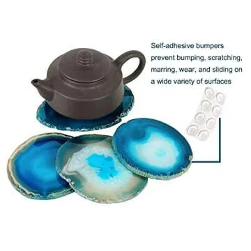 AMOYSTONE Teal Agate Coasters for Drinks Geode Coasters Set of 4 Crystal Quartz Rock Coasters Agate Slices with Rubber Bumpers 3-3.5"
