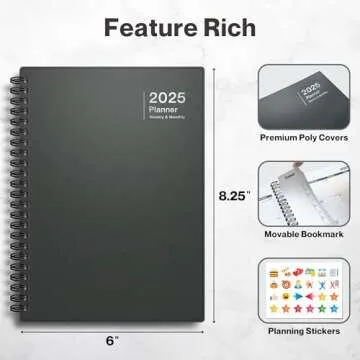 Dunwell Daily Planner Book 2025, Small 6x8" Weekly Planning Agenda, Includes Bookmark, Monthly Tabs, Stickers for Calendars, Protective Plastic Covers