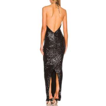 JLCNCUE Women Halter Neck Maxi Dress Open Back Sparkly Sequin Evening Gown Back Hem Slit Bodycon Cocktail Dress 251(Small,Black)