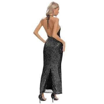 JLCNCUE Women Halter Neck Maxi Dress Open Back Sparkly Sequin Evening Gown Back Hem Slit Bodycon Cocktail Dress 251(Small,Black)