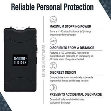 SABRE 2-in-1 Stun Gun with LED Flashlight, Self Defense Stun Gun with Painful 1.160 µC Charge, 120 ...