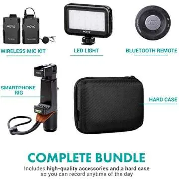Movo Wireless Smartphone Video Kit V2+ with Tripod, Grip, Wireless Lavalier Microphone, LED Light and Remote - YouTube Equipment for iPhone 6, 6S, 7, 8, X, XS, XS Max, XR, 11, 11 Pro, Samsung Galaxy