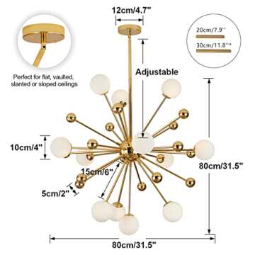 BOKT Modern Gold 12-Lights Sputnik Chandelier Mid Century Starburst Chandelier White Globe Glass Cha...