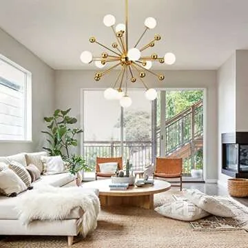 BOKT Modern Gold 12-Lights Sputnik Chandelier Mid Century Starburst Chandelier White Globe Glass Chandelier Brass Dining Light Fixture Large Kitchen Island Pendant Lighting (12-Lights)