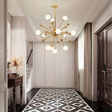 BOKT Modern Gold 12-Lights Sputnik Chandelier Mid Century Starburst Chandelier White Globe Glass Chandelier Brass Dining Light Fixture Large Kitchen Island Pendant Lighting (12-Lights)
