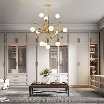 BOKT Modern Gold 12-Lights Sputnik Chandelier Mid Century Starburst Chandelier White Globe Glass Chandelier Brass Dining Light Fixture Large Kitchen Island Pendant Lighting (12-Lights)