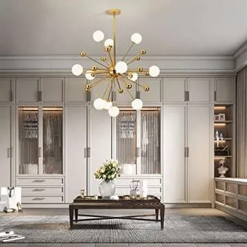 BOKT Modern Gold 12-Lights Sputnik Chandelier Mid Century Starburst Chandelier White Globe Glass Chandelier Brass Dining Light Fixture Large Kitchen Island Pendant Lighting (12-Lights)