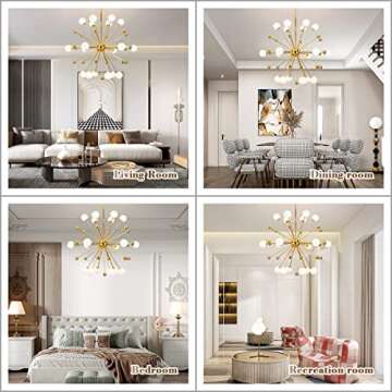 BOKT Modern Gold 12-Lights Sputnik Chandelier Mid Century Starburst Chandelier White Globe Glass Chandelier Brass Dining Light Fixture Large Kitchen Island Pendant Lighting (12-Lights)