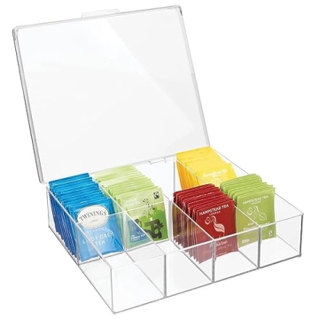 mDesign Plastic Tea Bag Divided Storage Organizer with Hinge Lid for Kitchen Cabinet, 8 Sections, Cl...