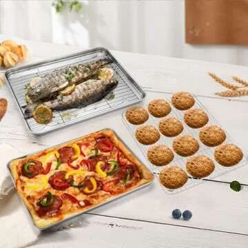 P&P CHEF Stainless Steel Baking Sheet with Rack Set (2 Pans+ 2 Racks), Cookie Sheets Pans Baking Trays and Cooling Wire Racks, Oven & Dishwasher Safe, 4 Pcs, 16 Inch