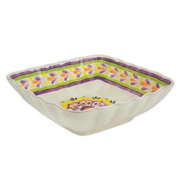 Hand Blown Multicolor Ceramic Serving Bowl - Square Mexican Lavender by NOVICA