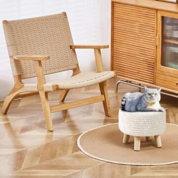 Wimarsbon Pouf Ottoman, 100% Cotton Knitted Boho Footstool, Round Footrest with Non-Skid Wood Legs, Home Décor Handmade Pouffe, Leisure Floor Step Stool for Living Room (Beige)