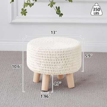 Wimarsbon Pouf Ottoman, 100% Cotton Knitted Boho Footstool, Round Footrest with Non-Skid Wood Legs, Home Décor Handmade Pouffe, Leisure Floor Step Stool for Living Room (Beige)