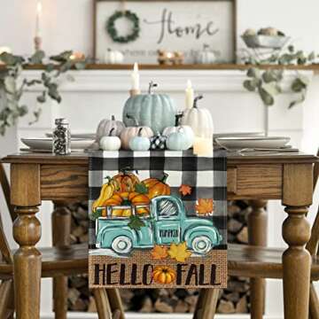 Artoid Mode Buffalo Plaid Truck Pumpkin Maple Leaf Hello Fall Table Runner, Seasonal Autumn Kitchen ...