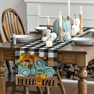 Artoid Mode Buffalo Plaid Truck Pumpkin Maple Leaf Hello Fall Table Runner, Seasonal Autumn Kitchen Dining Table Decor for Home Party 13x72 Inch