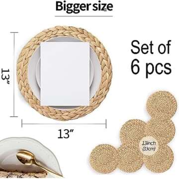 LUDAMI Woven Placemats Set of 6-100% Water Hyacinth Round Placemats - Non-Slip and Heat Resistant Rattan Placemats - Perfect Mats for Indoor Outdoor.