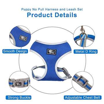 Puppy Harness and Leash Set- XS and Small Dog Harness- Soft Mesh Halter- Adjustable Reflective Teacup Dog Harness- No Pull No Choke (XS, Blue)