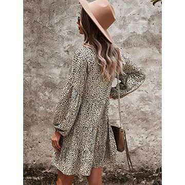 MOPOOGOSS Womens Casual Dress Summer Fashion Autumn Leopard Print Elegant Flare Puff Sleeve High Wai...